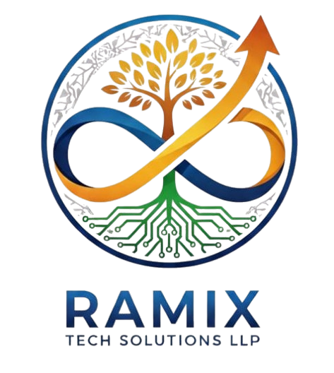Ramix Tech Solutions LLP — tree with circuit roots, infinity symbol, and growth arrow